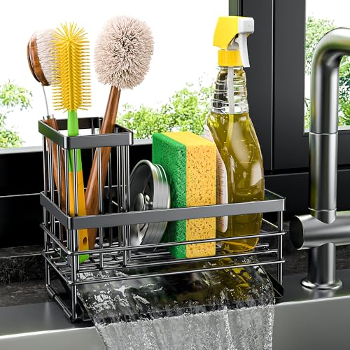 Cisily Sink Caddy Sponge Holder for Kitchen with Brush Holder and...