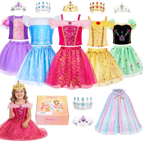 Meland Princess Dress Up Clothes for Girls Ages 3-8, 5 Princess Costume Outfits with Crowns and Cape, Pretend Play Dress Up Set, Princess Toys, Gifts for Girls (Red)