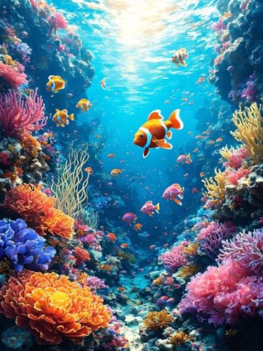Kit Broderie Diamant 5D complet, grande toile poissons 50x70cm pour art thérapie