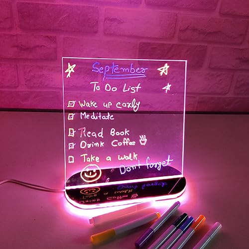 Zesta 3D Rewritable LED Acrylic Message Board | USB Powered Desk Noteboard with 12 Glowing Markers | Cute Stationery Items and Light Up Gadgets (20X20