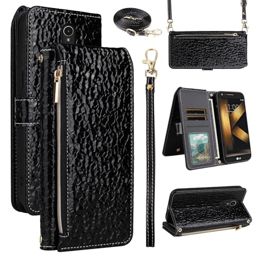 Furiet Wallet Case for LG Aristo 2 3 Plus/Rebel 4 LTE/Tribute Empire Dynasty/Zone 4/K8 Plus 2018 K8S/Fortune 2/Phonenix 4/Risio 3 & Wrist Strap Shoulder Strap Phone Cover for Astro 2+ 3+ K8+ 4G Black