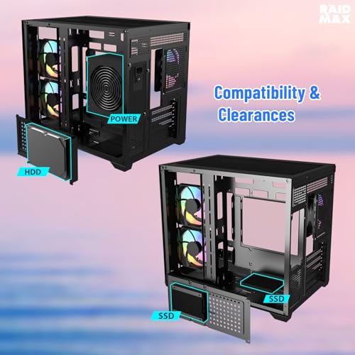 Gabinete RAIDMAX i600 Compacto Micro-ATX para Gaming, Diseño de Doble Cámara, Vidrio Templado Panorámico, 3 Ventiladores ARGB Preinstalados, Soporta Refrigeración Líquida 240/360 mm y Tarjetas Gráficas hasta 400 mm (Negro Combo) miniatura 4