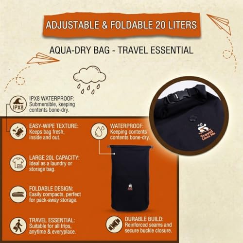 Image of TRAVEL LIKES ME Waterproof Travel Bag - Small Pouch for Men and Women, Travelling Gear, Camping Accessories, Trekking, Hiking, Swimming, Traveller Pouches, 20l ltrs Dry Bag (Black, 20 Liters)