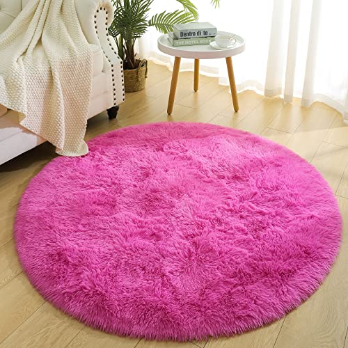 Chicrug Fluffy Round Area Rugs for Girls Bedroom, 4x4 Feet Shaggy Circle Area Rug for Living Room, Soft Fuzzy Carpets for Princess Room, Cute Rug Kids Circular Playmats for Baby Nursery Home, Hot Pink