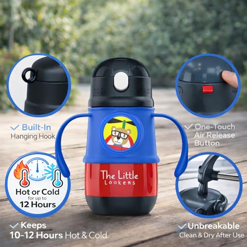 Image of THE LITTLE LOOKERS Stainless Steel Hot & Cold Sipper Bottle for Kids | 300 Milliliters | Rust-Proof | BPA-Free | Double-Wall Vacuum Insulation Water Bottle | Ideal for School and Travel | Red
