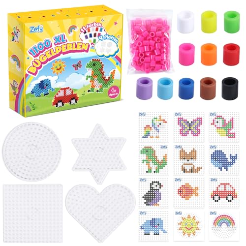 Zefy 10mm Bügelperlen mit 4 Steckplatten 1100 Stück 11 Farben Groß Bügelperlen Set Maxi Steckperlen für Kinder ab 3 Jahren