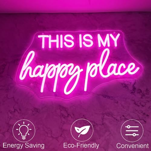 Image of This is My Happy Place Neon Sign Pink LED Letter Neon Light Teen Girls Room Decor, Happy Place Light Up Sign for Bedroom Home College Dorm Game Room Decor, USB Powered with Dimmable Switch