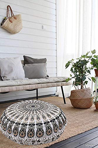 Hemsi-77 32 Inches Round Mandala Floor Pillow Throw Living Room Decor Round Seating Pouf Cover Mandala Floor Pillows Cushion (Black Gold) #TOP12