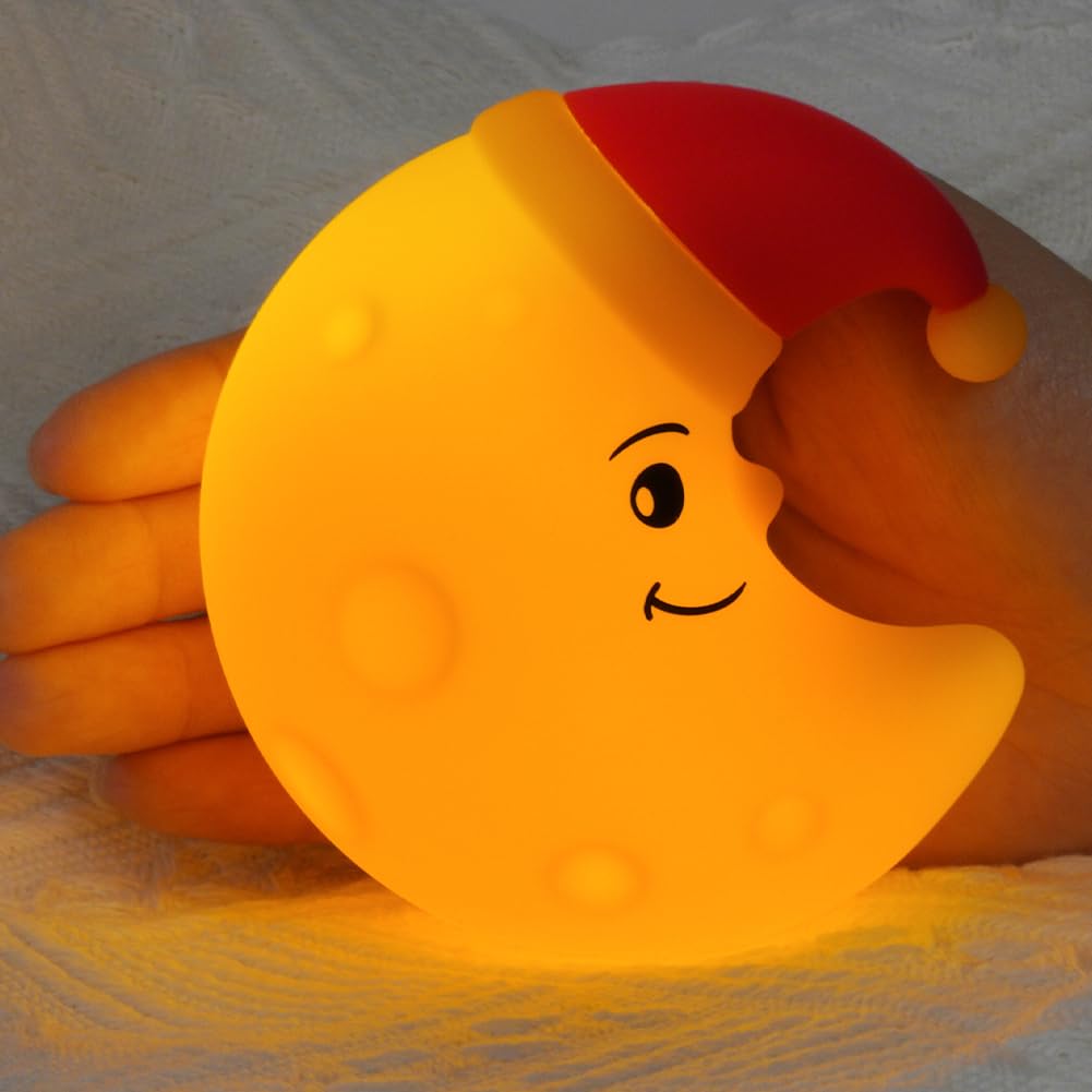 HOTUT Nachtlicht Kinder Mond Nachtlampe, 3 Lichtmodi Niedliche Silikon Mond Lampe, Touch-Steuerung Dimmbar Nachttischlampe, Magnetischer Wandbehang, USB Aufladbar, Nachtlicht für Kinderzimmer Deko