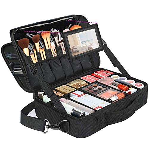 Large Professional Makeup Bag, Travel Cosmetic Train Case Makeup Brush Organizer with Mirror, 3 Layers Makeup Artist Travel Organizer with Adjustable Dividers, Makeup Storage Bags for Women