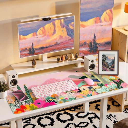 Image of iCasso Large Gaming Mouse Pad (35 inchx16 inch) - Waterproof Desk Mat with Non-Slip Rubber Base & Stitched Edges - Extended Keyboard Mousepad for Computer, PC, Office, Home Workspace (Cactus)