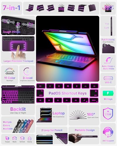 Image of typecase Keyboard Case for iPad Air 13-inch, Trackpad, 360 Rotating | For iPad Air 13 inch M4 /M3 /M2, 11‑Color Backlit Keys, Pencil Holder, 7 Modes, Purple, for Work, School, Travel, Drawing