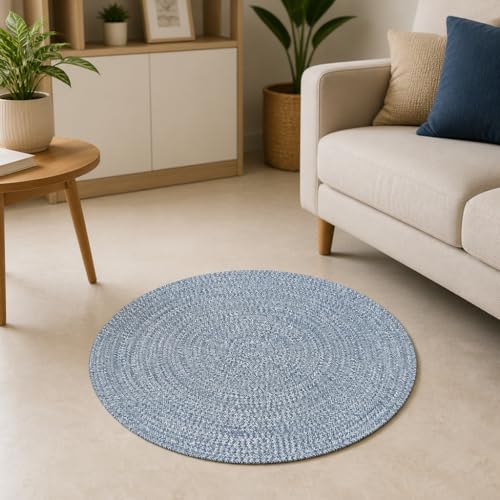 Image of Handmade Cotton Braided 2x2 feet Doormat Rug - Washable, Low Pile Reversible Floor Mat for Bedroom, Kitchen, Entryway & Living Room - Eco-Friendly Woven Carpet - (Light Blue, Round)