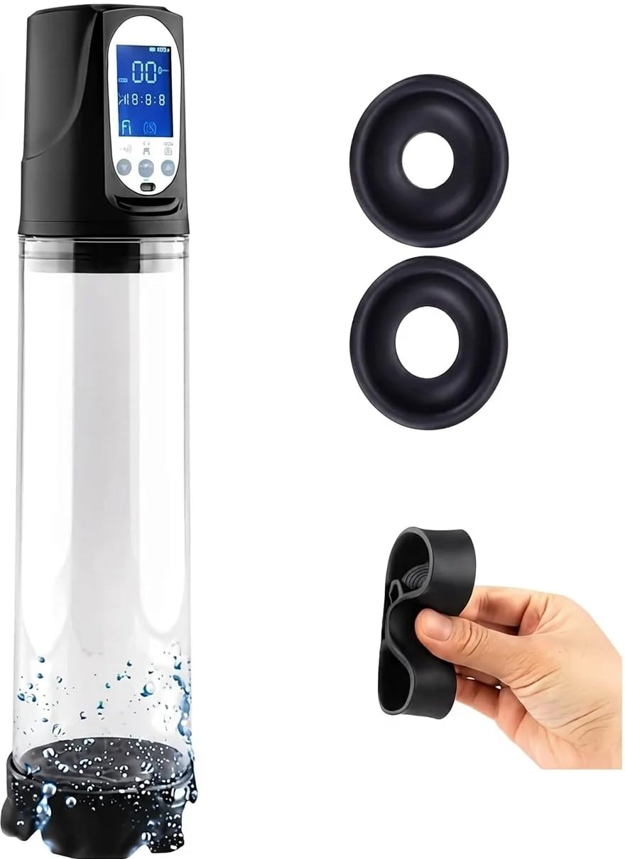 Bomba de Pene Eléctrica Automática con Pantalla LED | 2 Anillos de Silicona | Carga USB | Impermeable | Estimulador y Amplificador Masculino