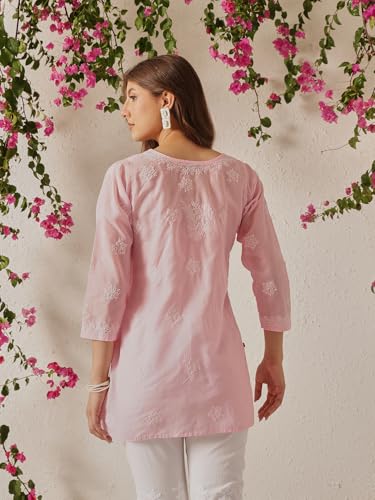 Image of Ada Hand Embroidered Lucknow Chikankari Straight Round Neck Cotton Blend Short Kurti Tunic Top for Women A911333