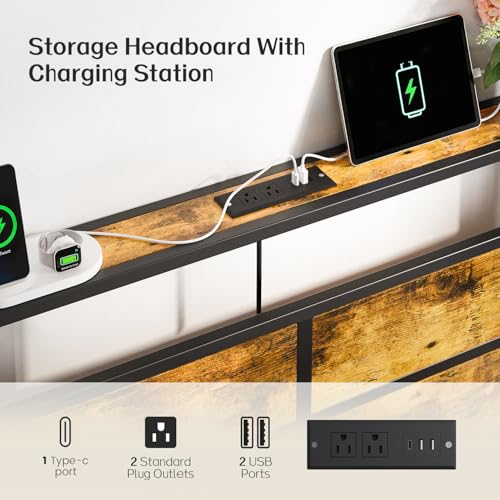 Image of Liians King Size Bed Frame with Storage Headboard, LED Lights | USB Type C Charging Station, Heavy Duty Metal Platform, No Box Spring Needed, Noise Free, Easy Assembly