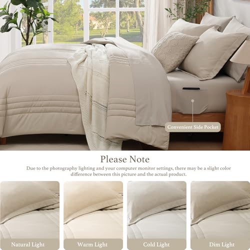 Monbix Queen Comforter Set - 7 Pieces Beige Bed in a Bag Queen Bedding Sets with Comforters, All Seasons Comforter Bed Set with Sheets,Pillowcases & Shams - Image 6