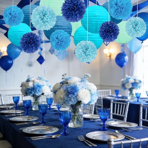 Image of 18 PCS Blue Paper Lanterns & Tissue Paper Pom Poms for Boys Birthday, Baby Shower, Wedding, Bridal Shower, Hanging Paper Decor for Indoor Outdoor Events Theme Party Supplies