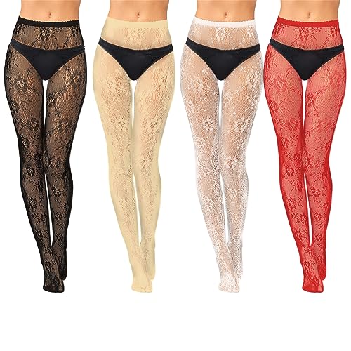 Jiuguva 4 Pack Women Lace Tights Patterned Fishnet Stockings Floral Pantyhose Stockings Red White Black Tights for Women