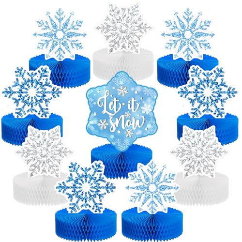 Whaline 10Pcs Christmas Snowflake Honeycomb Centerpieces Winter Wonderland Tabletop Signs Blue Silver Tiered Tray Decor for Birthday Christmas Frozen Party Decorations Supplies