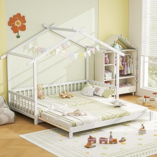 GOPLUS Cama Infantil Extensible con Cama Nido, Cabaña con Barandilla de Seguridad, Marco de Cama de Madera en Forma de Casa para Niñas y Niños, Carga 150KG (180x200CM)