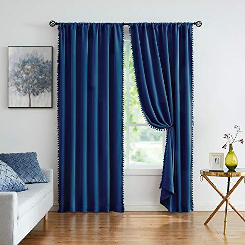 Treatmentex NSFPOM2-84NV Pom Pom Curtains 84 Inch Navy Royal Blue Blackout Curtains Bedroom Windows Drapes Triple Weave Thermal Insulated Curtain Panels For Men Boys Nursery Room Studio Hotel 52 Inch W X2 Panels Rod Pocket thumb #1