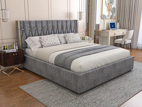 SABTA Modern Upholstered King Size Bed with Box Storage for Bedroom | Wooden Double Bed with Storage | Platform Cot Bed with Upholstery Premium Fabric | Sheesham Solid Wood, (Grey) | 6.5 x 6 Ft