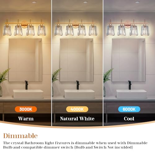 Image of Crystal Bathroom Light Fixtures Over Mirror, Gold 4-Light Bathroom Vanity Lights Over Mirror Modern Wall Lighting Sconces with Ceramic E26 Base (Bulbs Not Include)