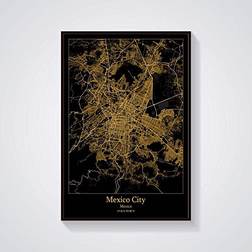 YMXCNM Cuadro Sobre Lienzo,Mexico City Map Wall Art Posters Modern Large Prints Pictures Black Gold City Rectangle Paintings Pop Murals Artwork For Home Decor,70X100Cm/27.55X39.37 In