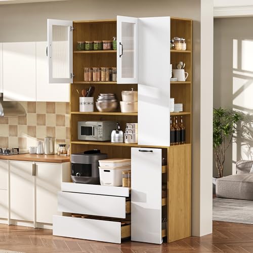 Ktipm Aparadores Armario Cocina con Estante Extraíble y 2 Puertas de Cristal, Aparador Cocina con 2 Cajones y Estante Ajustable, Mueble Aparador con Estantes Abiertos, 100x40x200 cm, Blanco+Natural