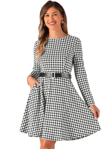 Robe à carreaux pied-de-poule trapèze fluide avec ceinture et poches pour femme chic