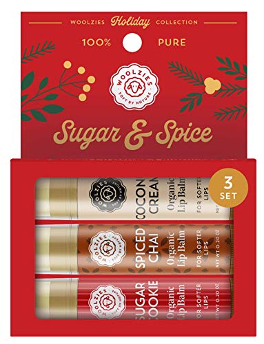 Woolzies Holiday Lip Balm Set: All-Natural Shea Butter, Beeswax, Coconut Oil, & Vitamin E Infused Lip Care (3 Pack, Sugar & Spice)