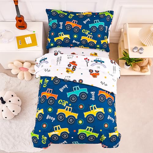Image of PERFEMET Car Print Toddler Bedding Set 4 Pieces Blue Toddler Comforter Set for Boys Reversible Fluffy Cartoon Bed in A Bag, Includes Comforter, Flat Sheet, Fitted Sheet and Pillowcase