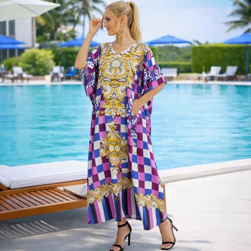 Image of Miss Lavish London Purple Floral Kaftan Dress for Women V Neck Batwing Sleeve Maxi Beach Cover Up, Ethnic Rose Print Plus Size Caftan with Side Slits & Pockets, Resort Wear Swimsuit-Purple-S