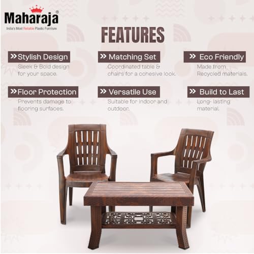 Image of MAHARAJA Classic Plastic Table & Chair Set | Elegant Design, Sturdy Build | Perfect for Home, Office & Garden Use (Teakwood, 4 Chair+1 Table)