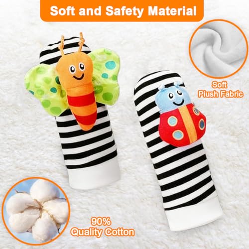 KEQAR 4 Pièces Chaussettes Hochet Bébé, Jouet d'Éveil, Bracelet et Chaussettes avec Peluche, Tissu Doux, Chaussettes Hochet Animaux pour Garçons et Filles (0-6 Mois) (A) – Image 4