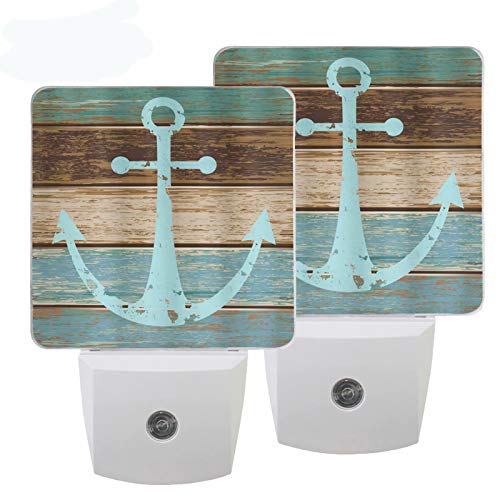 Wamika Vintage Anchor Night Light Set Of 2 Wooden Nautical Theme Plug-In Led Wooden Rustic Nightlights Auto Dusk-To-Dawn Sensor Lamp For Bedroom Bathroom Kitchen Hallway Stairs Decorative #TOP19