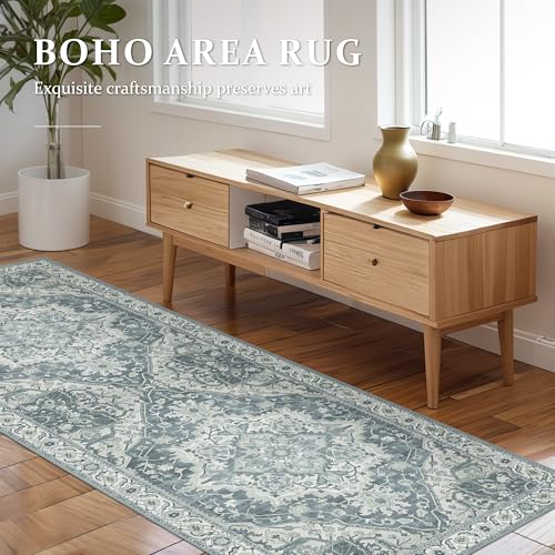 Deerly Vintage Runner Rug 2x6 Hallway Runners Boho Non-Slip Entryway Throw Rug Non-Slip Washable Low-Pile Floor Carpet for Indoor Front Entrance Kitchen Bathroom, Canal Blue/Multi