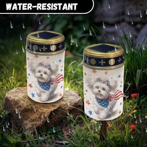 Image of Poceacles Maltese Dog American Flag Star Solar Powered Outdoor Lights 4th of July Cemetery Solar Memorial Lights Outdoor Waterproof Landscape Candles for USA 250th Anniversary Decor, 6 PCS