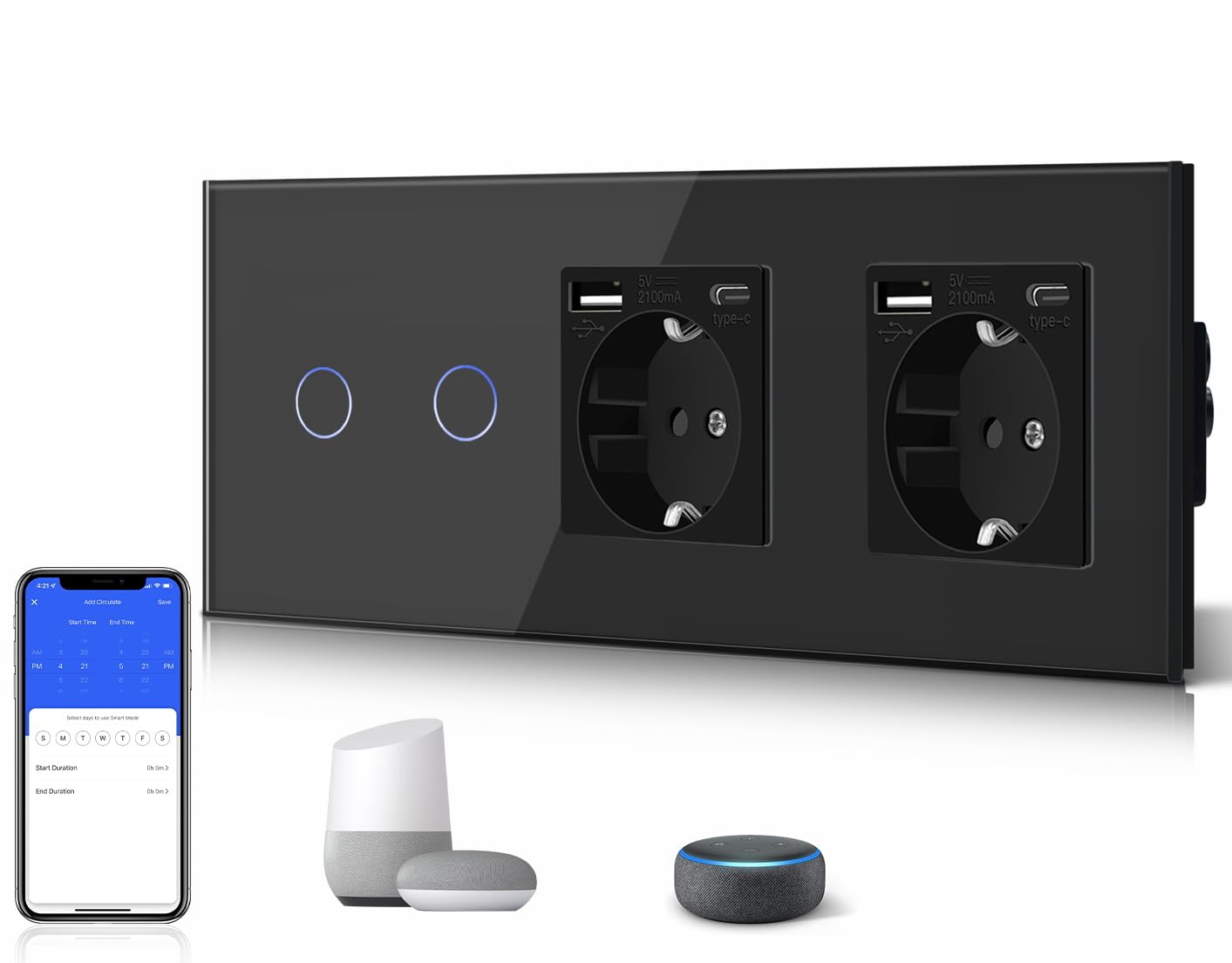 BSEED BSEED 2 Gang 1 Vía Interruptor de Luz Táctil Inteligente WIFI con Doble Schuko Tipo C y USB Enchufe Estándar, Compatible con Alexa/Tuya/Smart Life (Requiere Cable Neutro) Negro