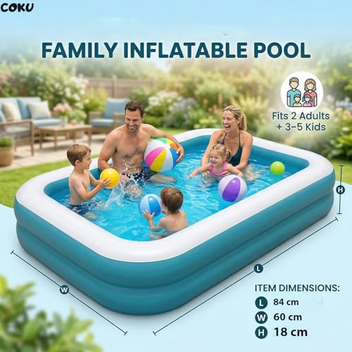 Image of Coku 7 Feet Rectangular Inflatable Swimming Pool for Kids & Adults | 2-Ring Large Family Pool, Thick PVC Foldable Bathtub for Backyard, Garden, Indoor Outdoor Summer Use (Multicolor)