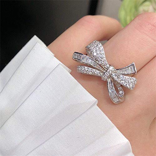 AZQ Fashion 18k Gold Bow Ring 925 Sterling Silver Shiny Full Diamond Ring Cubic Zirconia Promise Rings CZ Diamond Multi Row Ring Eternity Engagement Wedding Band Ring for Women TZ.82