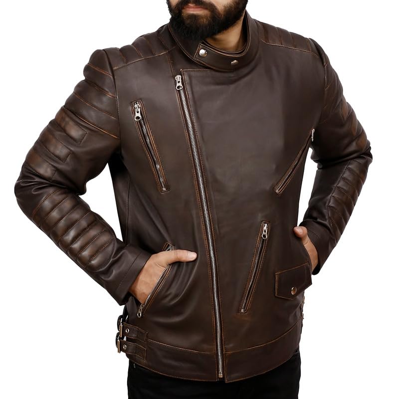 Men's Asymmetrical Real Lambskin Leather Motorcycle Jacket - Biker Leather Jacket For Mens - Brown/Black2