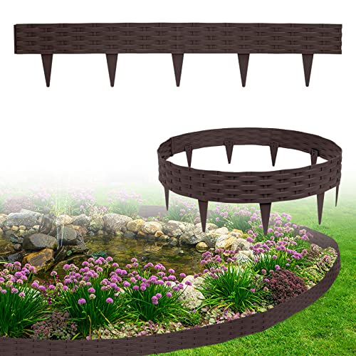 XMTECH 10m Rasenkante Beeteinfassung Gartenpalisade in Rattan-Optik, Beetumrandung Mähkante Randsteine aus Kunststoff mit 10 Elemente á 100 cm, Braun