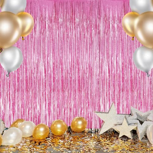 Image of DECOCKRAT 3 Pack Foil Fringe Backdrop - Pink Shiny Tinsel Curtains for Party Decoration /Photo Booth Props - 3.3x8.2 FT Metallic Foil Backdrop for Birthday, Wedding, Graduation, Christmas.