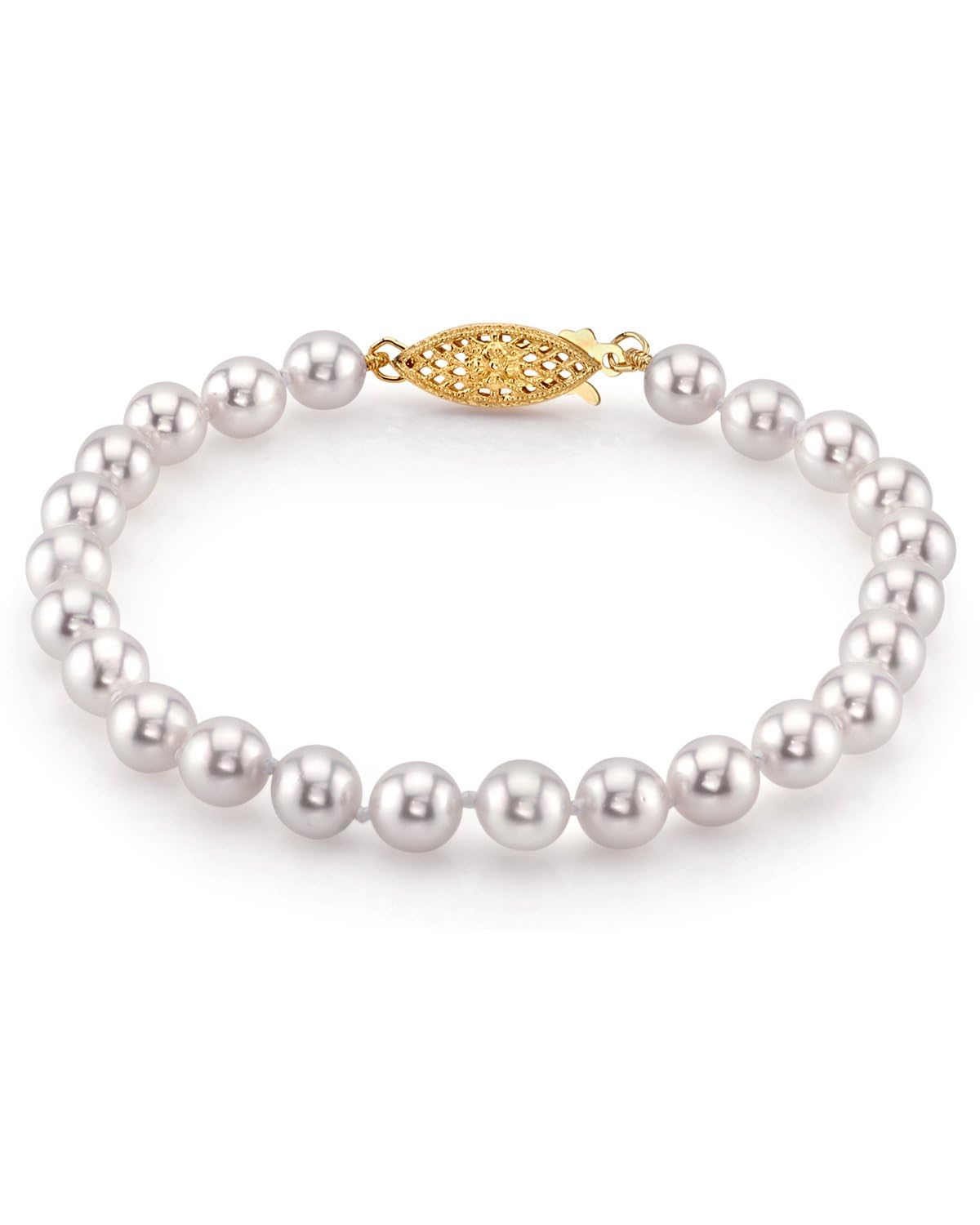 The Pearl Source 14K Gold AAA Quality Round White Japanese Akoya Saltwater Cultured Pearl Bracelet