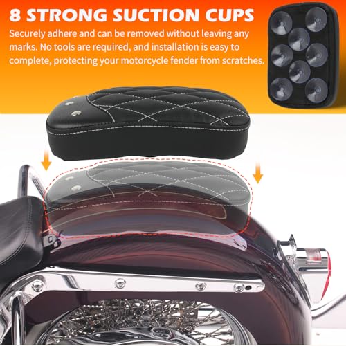 Image of DREAMIZER Universal Black Motorcycle Solo Passenger Seat Rear Cushion 8 Suction Cups Compatible with Harley Davidson Sportster XL 883 1200 Forty Eight Dyna Chopper Bobber Custom (Black-rivet)
