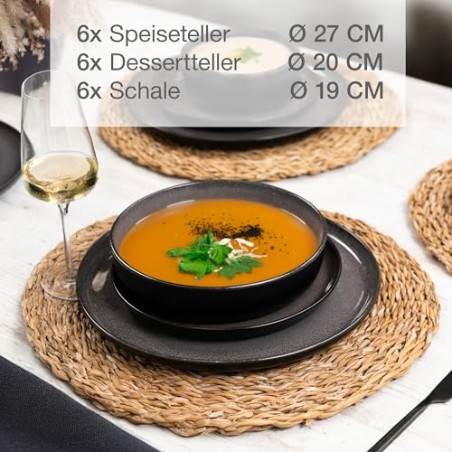 Moritz & Moritz VIDA Geschirrset 6 Personen Anthrazit 18-tlg. - Modernes Porzellan Geschirr Set - Kratz-, Mikrowellen- & Spülmaschinenfest, Essgeschirr, Tafelservice, Kombiservice 6 Personen