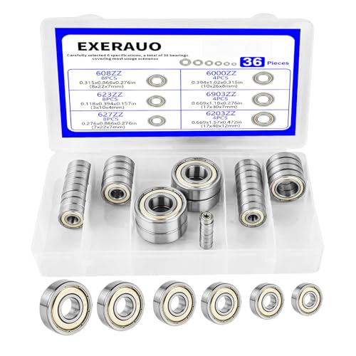 EXERAUO 36Pcs Ball Bearings Kit-608ZZ 623ZZ 627ZZ 6000ZZ 6903ZZ 6203ZZ, Bearing Steel, Double Metal Shielded Deep Groove Bearings for 3D Printer, Skateboards