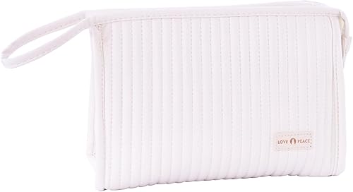 Taysis Pequeña bolsa de maquillaje simple, bolsa de cosméticos simple, resistente al agua, de piel sintética, a rayas, portátil, bolsa de aseo de